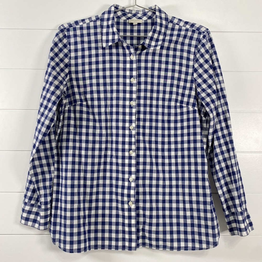 Talbots Shirt Womens Medium Blue White Gingham Plaid Long Sleeve Button Front